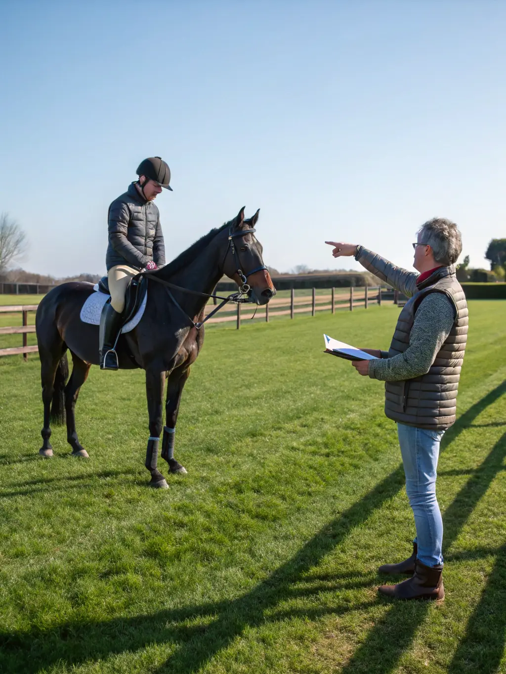 An instructor guiding a rider during a horseback riding lesson, focusing on safety, responsible riding, and building confidence.