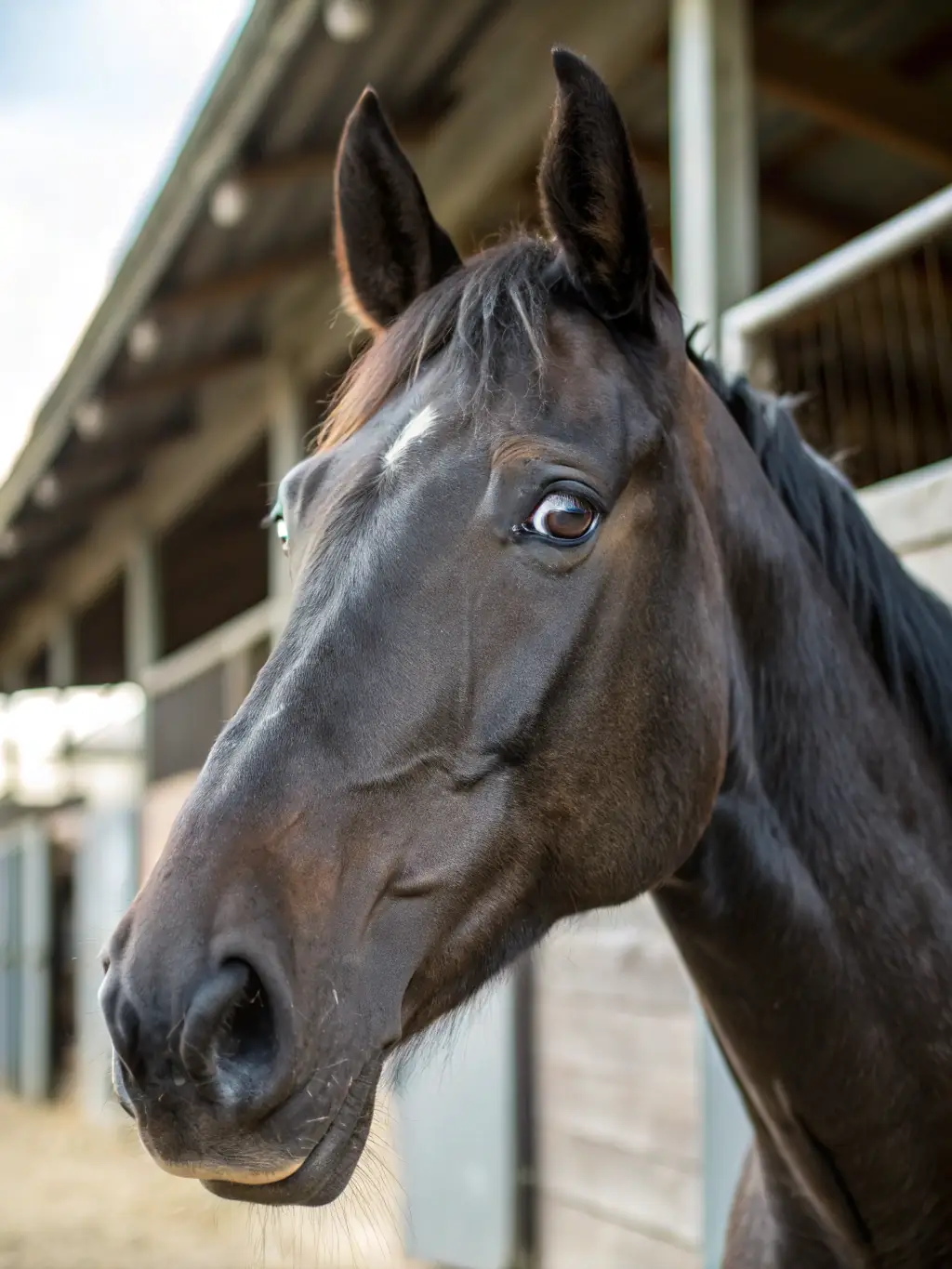 A close-up shot of a horse's head with a gentle expression, highlighting the connection between humans and animals at L'EPERON DE COLOMBIES.