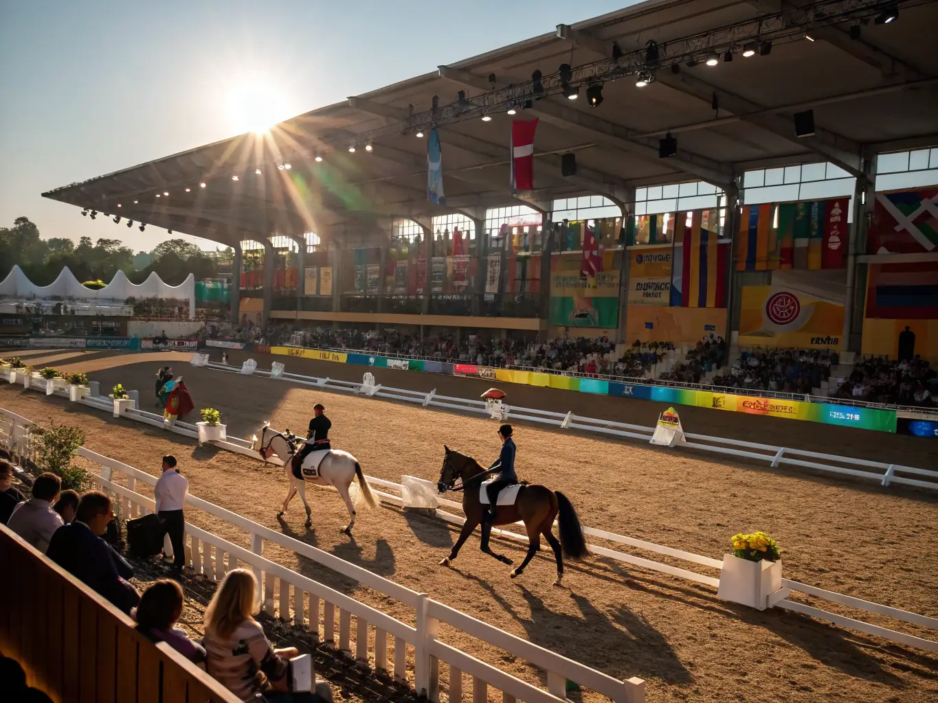 A vibrant image capturing the excitement of a horseback riding event, with participants of all ages enjoying a friendly competition at L'EPERON DE COLOMBIES.