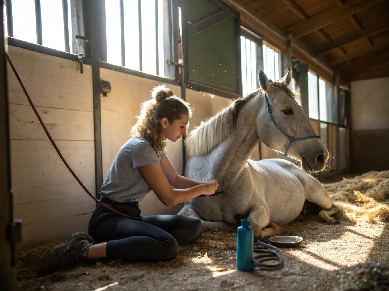 A group of volunteers cleaning and maintaining horse stables, highlighting the importance of cleanliness and hygiene in horse care.