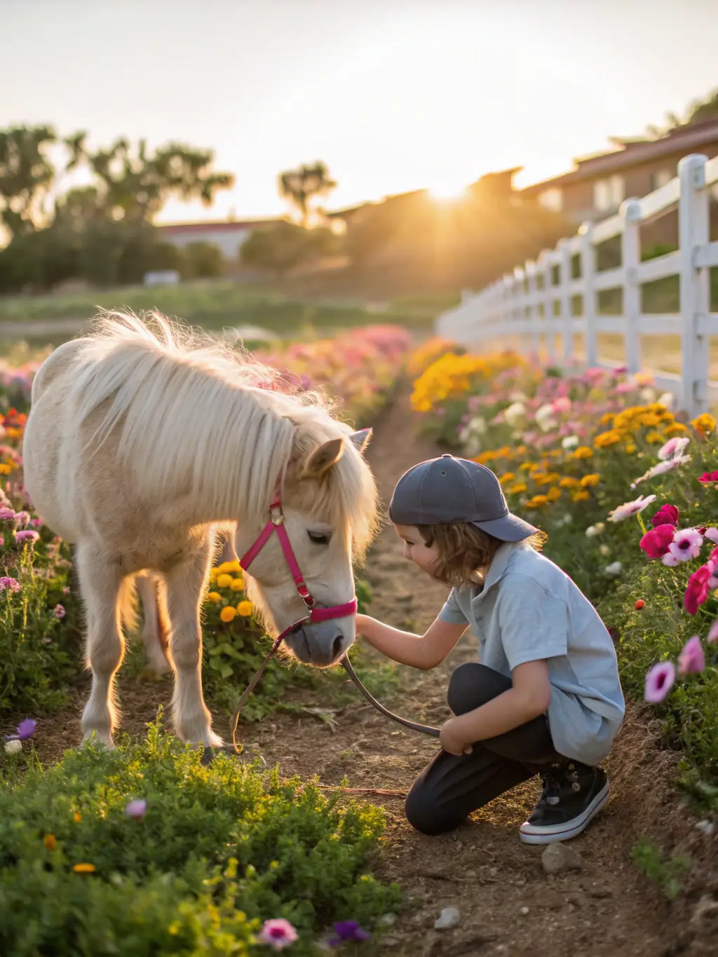A group of children laughing while grooming a horse, showcasing the fun and educational aspects of the camp's programs.