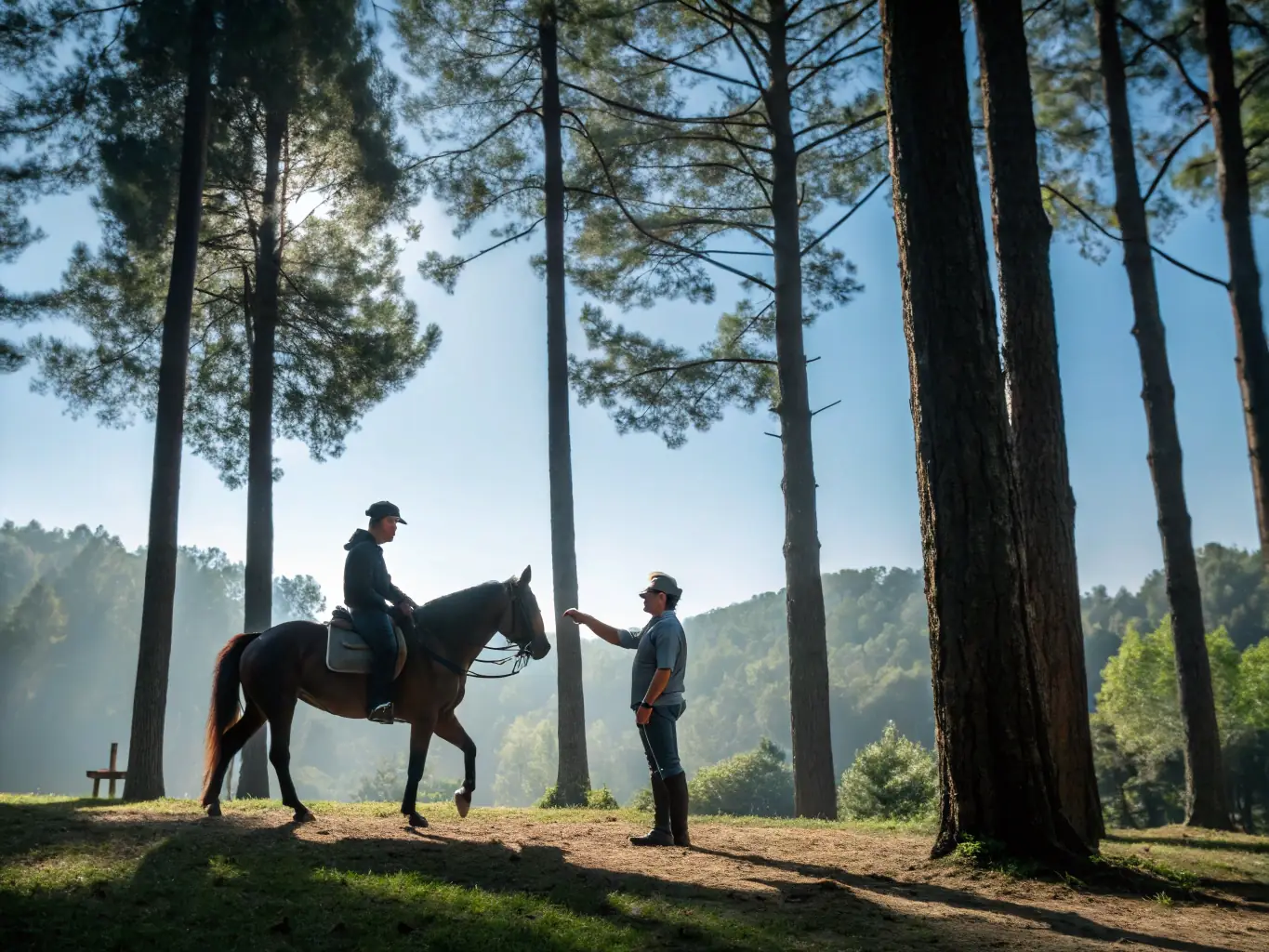 A group of riders being guided through a trail by an instructor, with lush greenery and horses in the background, showcasing a horseback riding lesson.