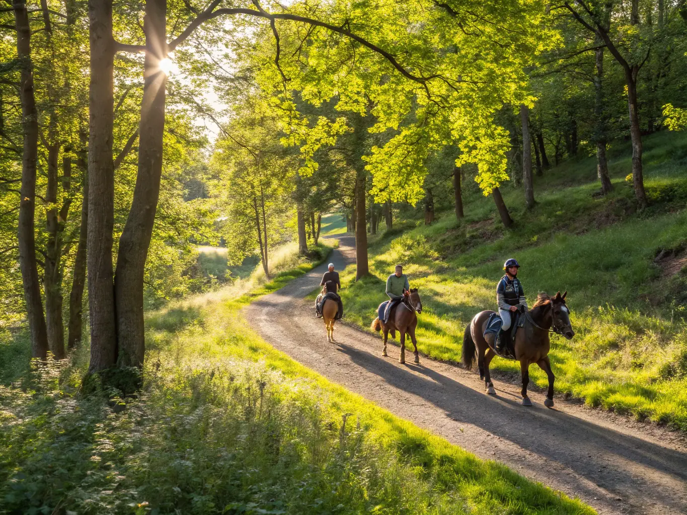 A scenic view of a group of riders on horseback traversing a lush green trail, showcasing a guided trail ride program offered by L'EPERON DE COLOMBIES.