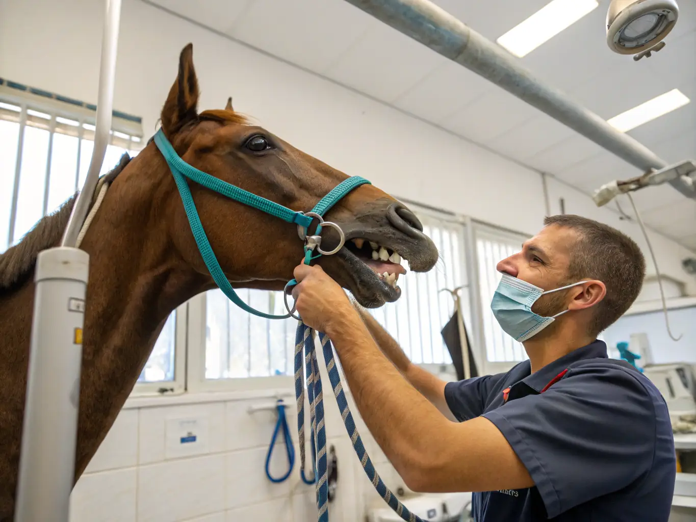 A veterinarian examining a horse in a stable, ensuring its health and well-being, emphasizing responsible horse care.