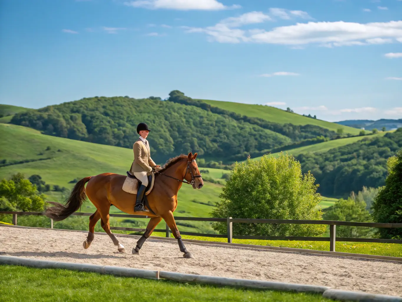 A close-up shot of a horse and rider during a horseback riding lesson, emphasizing the personalized instruction and focus on safety at L'EPERON DE COLOMBIES.